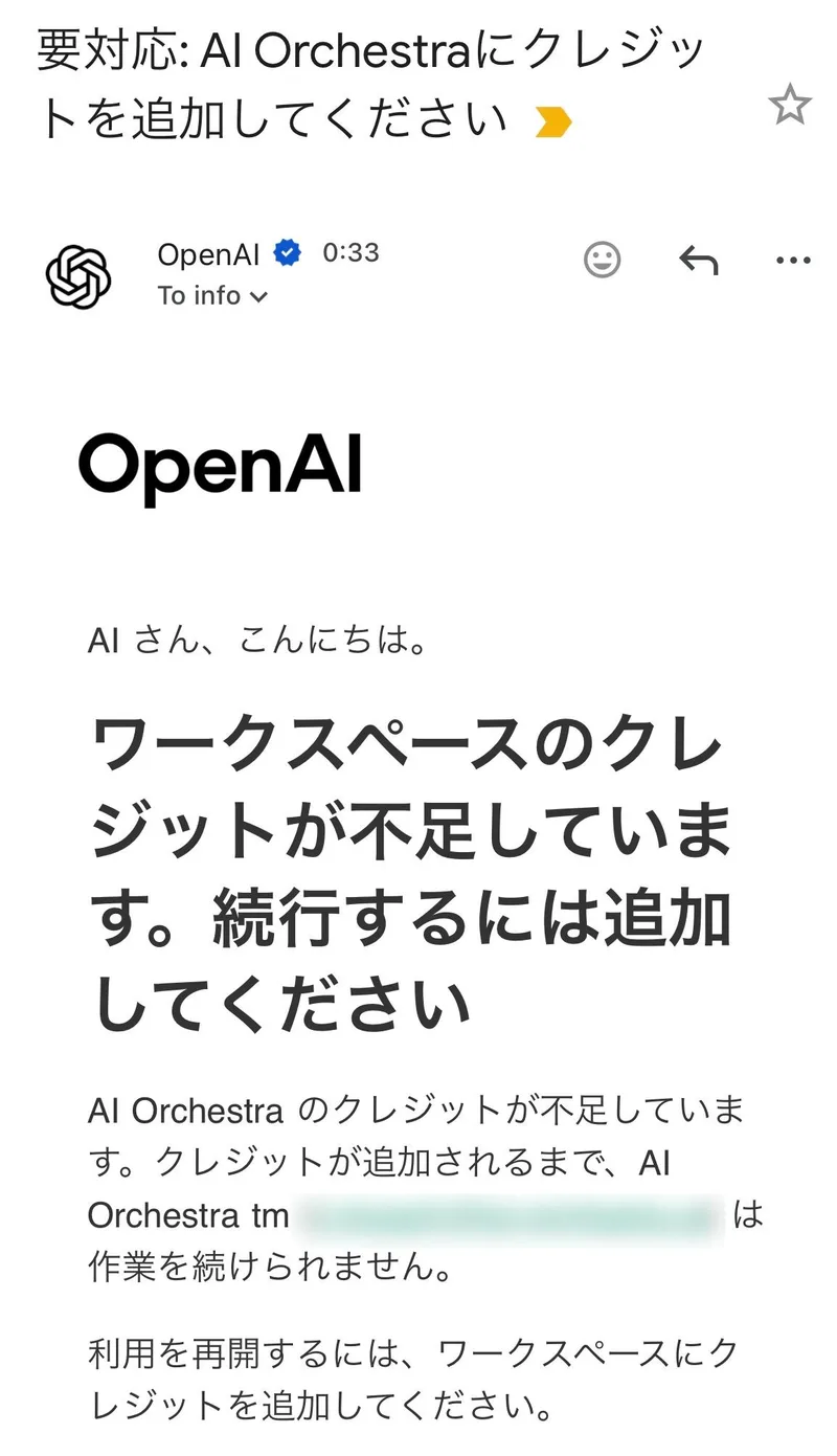 OpenAIから所有者アドレスに届いたメール。件名は「要対応: AI Orchestraにクレジットを追加してください」。本文に「ワークスペースのクレジットが不足しています。続行するには追加してください」「クレジットが追加されるまで、（メンバー名とメールアドレス）は作業を続けられません」「利用を再開するには、ワークスペースにクレジットを追加してください」とある
