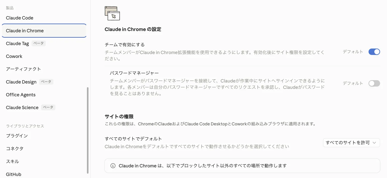 Claude in Chromeの設定画面。チームで有効にする・パスワードマネージャー・サイトの権限の項目が表示されている