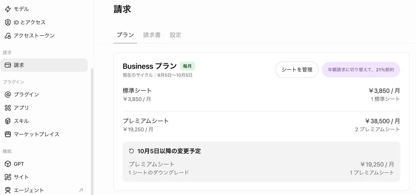 「請求」画面のプランタブ。Businessプラン(毎月)、現在のサイクル 9月5日〜10月5日、シートを管理ボタン、年額請求に切り替えて21%節約のバッジ。標準シート 3,850円/月×1、プレミアムシート 19,250円/月×2で38,500円/月。10月5日以降の変更予定にプレミアムシート1シートのダウングレード
