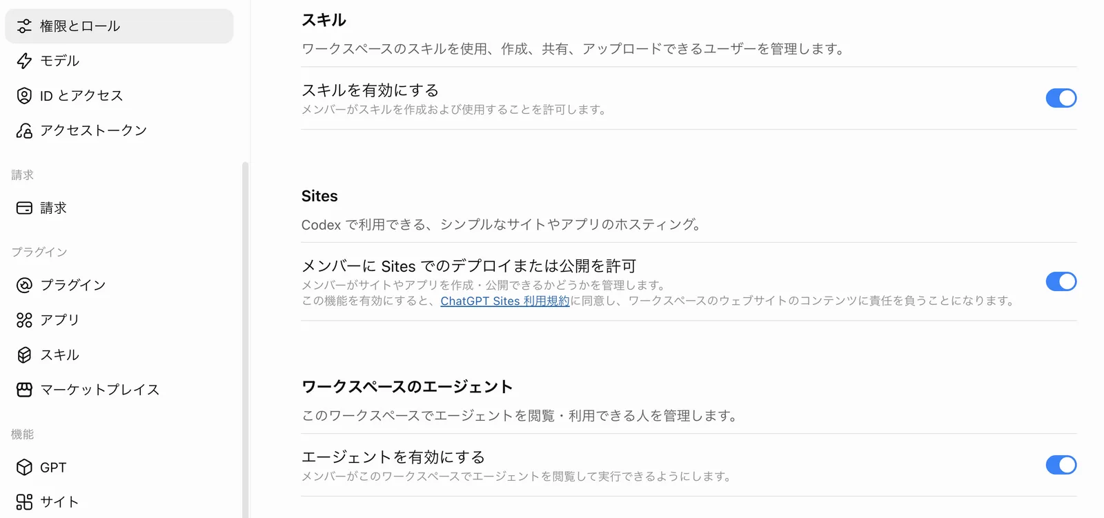 「権限とロール」の「スキル」(スキルを有効にする オン)、「Sites」(Codexで利用できるシンプルなサイトやアプリのホスティング。メンバーにSitesでのデプロイまたは公開を許可 オン。有効にするとChatGPT Sites利用規約に同意しワークスペースのウェブサイトのコンテンツに責任を負うという注記)、「ワークスペースのエージェント」(エージェントを有効にする オン)