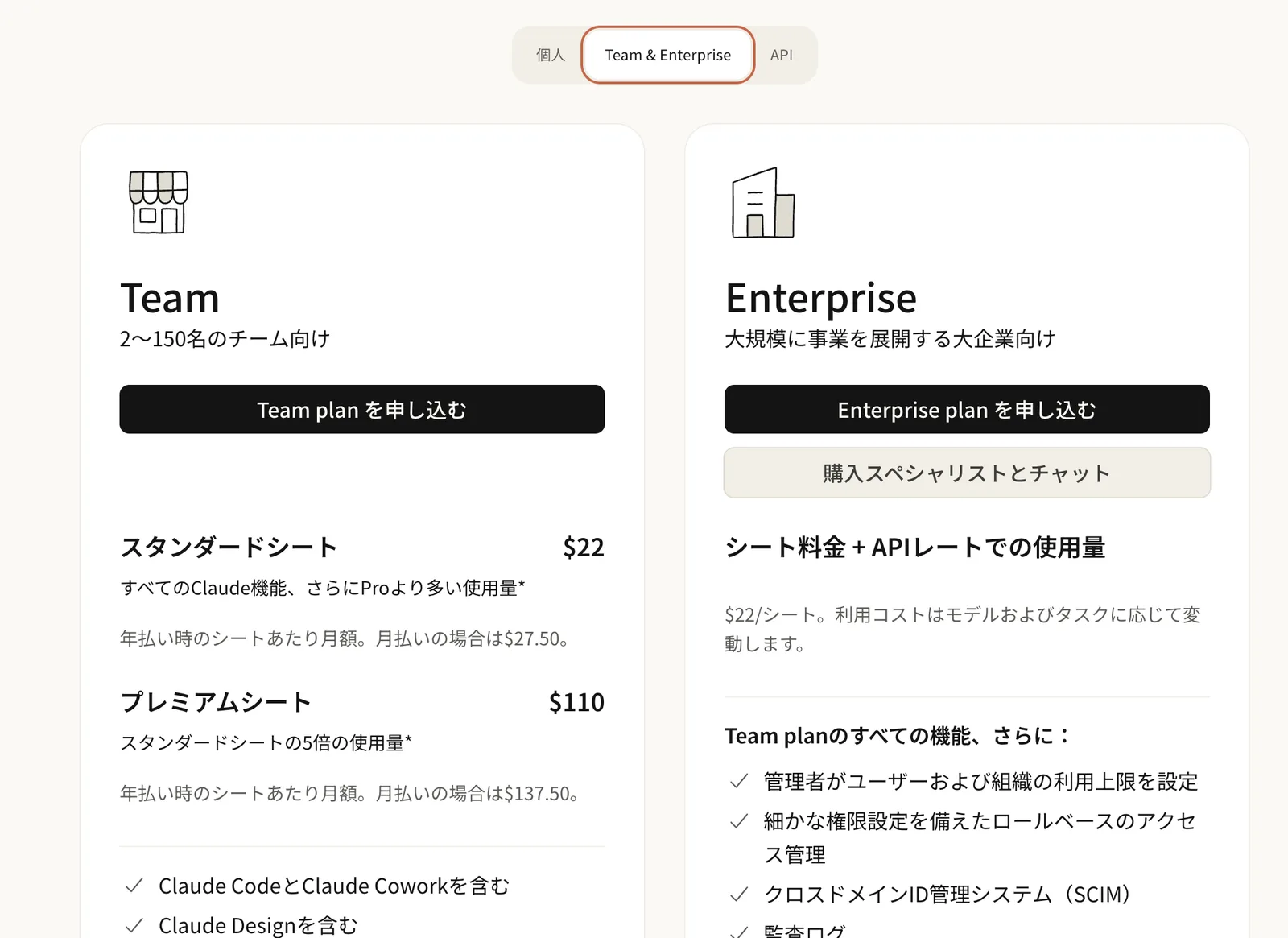 公式料金ページのTeam & Enterpriseタブ。Team(2〜150名のチーム向け)に「Team plan を申し込む」ボタン、標準シート(公式ページの表記はスタンダード)22ドル(年払い時のシートあたり月額。月払いの場合は27.50ドル)、プレミアムシート110ドル(月払いの場合は137.50ドル)。右にEnterprise(大規模に事業を展開する大企業向け)のシート料金+APIレートでの使用量、22ドル/シート