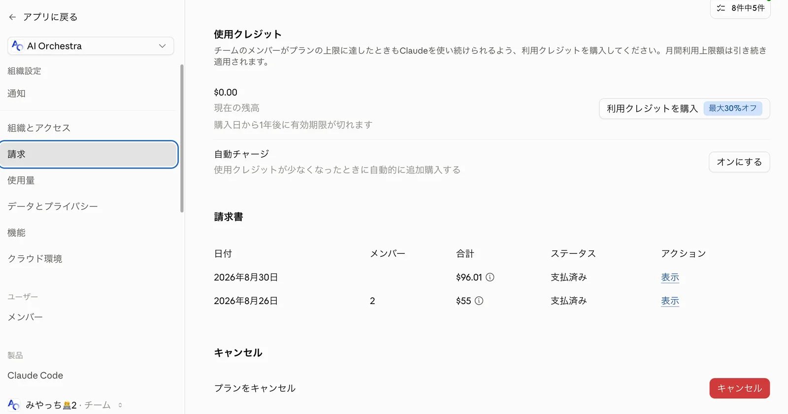 組織設定の「請求」ページ。「使用クレジット」に現在の残高$0.00と「購入日から1年後に有効期限が切れます」、「利用クレジットを購入(最大30%オフ)」ボタン、「自動チャージ」の「オンにする」ボタン。下に請求書の一覧(2026年8月26日 メンバー2 $55 支払い済み、2026年8月30日 $96.01 支払い済み)と「プランをキャンセル」
