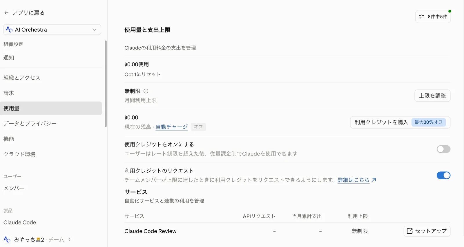組織設定の「使用量」ページ。「使用量と支出上限」に$0.00使用・Oct 1にリセット、月間利用上限は無制限で「上限を調整」ボタン、現在の残高$0.00と自動チャージ オフ、「利用クレジットを購入(最大30%オフ)」ボタン、「使用クレジットをオンにする」のトグルはオフ、「利用クレジットのリクエスト」のトグルはオン。下に「サービス」としてClaude Code Reviewの行