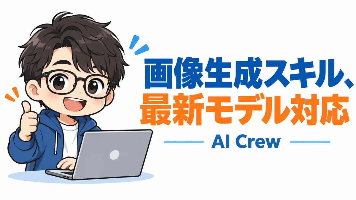 Codexの画像生成で作ったバナー。左に眼鏡をかけたマスコット、右に「画像生成スキル、最新モデル対応」と「AI Crew」の日本語テキストが崩れずに描かれている