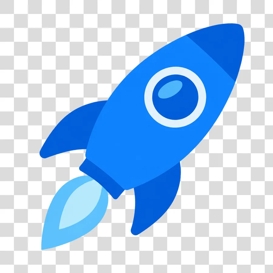 Codexで生成した青いロケットのアイコン。背景が透過しているため、市松模様の上に置くと模様が透けて見える